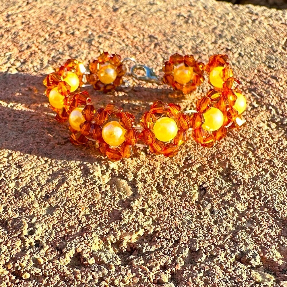 Brown and Yellow Floral Adjustable Beaded Bracelet with Silver Colored Accents